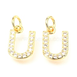 Brass Micro Pave Cubic Zirconia Charms, with Jump Rings, Greek Alphabet, Real 18k Gold Plated, Letter.U, 11.5x8x1.7mm, Jump Ring: 5x0.9mm, Hole: 3.2mm(ZIRC-O037-05G)