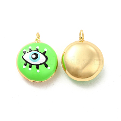 Brass Enamel Charms, Real 18K Gold Plated, Long-Lasting Plated, Flat Round with Evil Eye, Lime, 19x15.5x8mm, Hole: 2mm(KK-P222-07G-03)