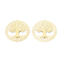 201 Stainless Steel Pendants, Etched Metal Embellishments, Flat Round with Tree of Life, Real 18K Gold Plated, 41x40.5x0.3mm, Hole: 1.4mm(STAS-N102-07LG)
