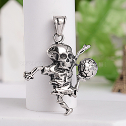 Retro 316 Surgical Stainless Steel Skull Playing Football Pendants, Sports Charms, Antique Silver, 41.5x39.5x5mm, Hole: 5x9mm(STAS-E096-36AS)