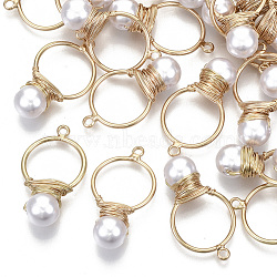 ABS Plastic Imitation Pearl Pendants, with Light Gold Plated Brass Wire, Creamy White, 26~28x15x8mm, Hole: 1.8mm(KK-N235-016)