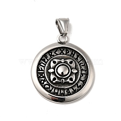 304 Stainless Steel Manual Polishing Pendants, Flat Round with Runes Charms, Antique Silver, 36x32x5.5mm, Hole: 4x8mm(STAS-G280-07AS)