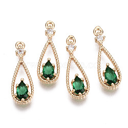 Brass Micro Pave Cubic Zirconia Pendants, with Glass, Teardrop, Long-Lasting Plated, Light Gold, Sea Green, 17.5x6x2.5mm, Hole: 1mm(X-KK-R111-003-A01)