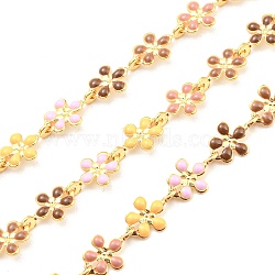 Brass with Colorful Enamel Flower Link Chains, Unwelded, with Spool, Real 18K Gold Plated, 9x5.8x0.9mm, about 16.40 Feet(5m)/Roll(CHC-K015-02G)