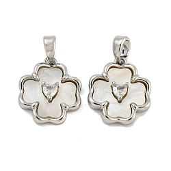 Brass Pave Shell Pendants, with Clear Cubic Zirconia, Flower Charm, Platinum, 15.5x13.5x4mm, Hole: 4.8x2.7mm(KK-G490-38P)
