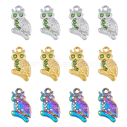 12Pcs 3 Colors 304 Stainless Steel Pendants, with Rhinestone, Owl, Mixed Color, 20x11x3mm, Hole: 1.6mm, 4pcs/color(STAS-FH0001-82)