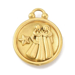 Real 18K Gold Plated Tone 304 Stainless Steel Pendants, Flat Round with Constellations Charm, Gemini, 20.5x17x3mm, Hole: 2.5x2.5mm(STAS-K291-01G-05)