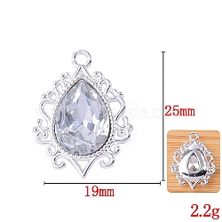 Glass Rhinestone Pendants, with Silver Alloy Finding, Teardrop Charms, Crystal, 24.5~25x19x4.5mm, Hole: 1.8mm(FIND-WH0021-91S-02)