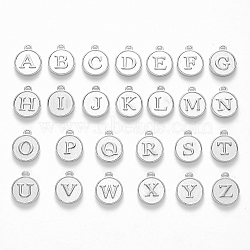 Alloy Pendant Cabochon Settings For Enamel, Flat Round with Alphabet, Platinum, 14x12x2mm, Hole: 1.5mm, 26pcs/set(PALLOY-YW0001-10P)