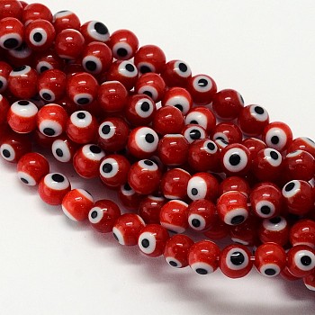 Handmade Evil Eye Lampwork Round Bead Strands, Dark Red, 6mm, Hole: 1mm, about 65pcs/strand, 14.17 inch