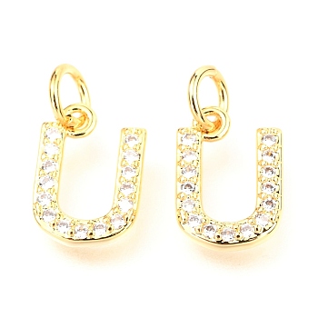 Brass Micro Pave Cubic Zirconia Charms, with Jump Rings, Greek Alphabet, Real 18k Gold Plated, Letter.U, 11.5x8x1.7mm, Jump Ring: 5x0.9mm, Hole: 3.2mm