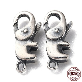 925 Thailand Sterling Silver Lobster Claw Clasps, Elephant, with 925 Stamp, Antique Silver, 14x7x4mm, Hole: 1.2mm