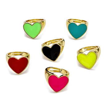 Adjustable Brass Enamel Finger Rings, Heart, Real 18K Gold Plated, Mixed Color, US Size 7 1/2(17.7mm)