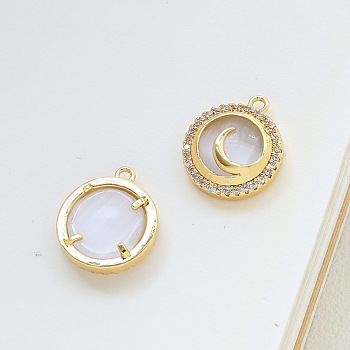 Brass Micro Pave Cubic Zirconia Pendants, with Cat Eyes, Half Round, Moon, 15x13mm