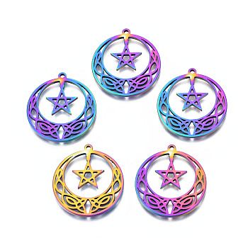 Ion Plating(IP) 201 Stainless Steel Pendants, Flat Round with Star, Rainbow Color, 27x25x1.5mm, Hole: 1.4mm