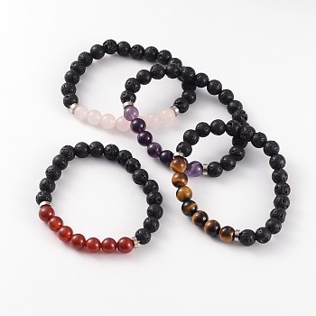 Natural Lava Rock Beaded Stretch Bracelets, with Gemstone Beads and Brass Findings, Platinum, 58mm