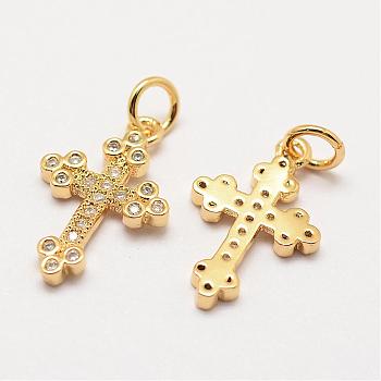 Brass Micro Pave Grade AAA Cubic Zirconia Pendants, Long-Lasting Plated, Cross, Cadmium Free & Nickel Free & Lead Free, Real 18K Gold Plated, 18x11x1.5mm, Hole: 3mm