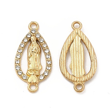 Alloy Connector Charms with Crystal Rhinestone, Nickel, Teardrop Links with Religion Virgin Pattern, Light Gold, 24.5x12x2mm, Hole: 1.8mm