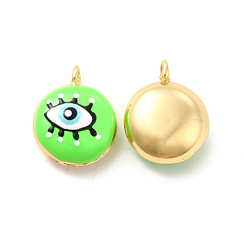 Brass Enamel Charms, Real 18K Gold Plated, Long-Lasting Plated, Flat Round with Evil Eye, Lime, 19x15.5x8mm, Hole: 2mm