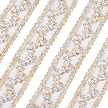 Mesh Embroidered Lace Trim, with Plastic Beads, for Sewing Decoration, Garment Accessories, Flower Pattern, Pale Goldenrod, 1-5/8 inch(40mm), about 3 yards/pc