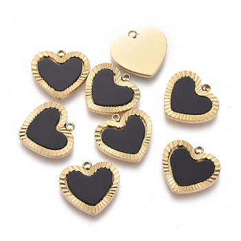 316 Surgical Stainless Steel Charms, with Acrylic, Stripe Heart, Golden, Black, 11x12x1.5mm, Hole: 1.2mm