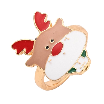 Christmas Theme Alloy Enamel Open Cuff Ring, for Women, Light Gold, Deer, Adjustable, Deer: 21.5x15.5mm