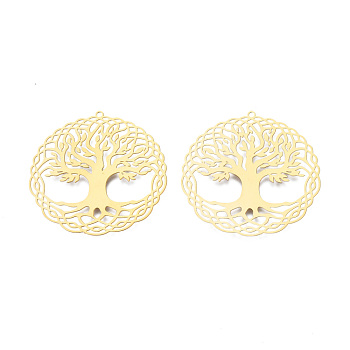 201 Stainless Steel Pendants, Etched Metal Embellishments, Flat Round with Tree of Life, Real 18K Gold Plated, 41x40.5x0.3mm, Hole: 1.4mm