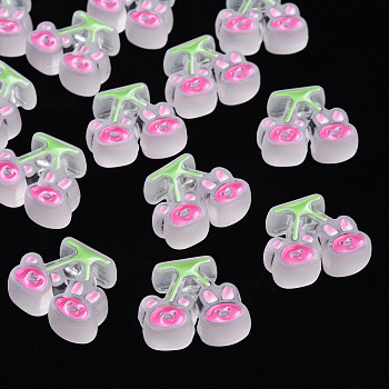 Transparent Acrylic Beads, with Enamel, Frosted, Cherry with Bear & Rabbit, WhiteSmoke, 22.5x26x9mm, Hole: 3mm