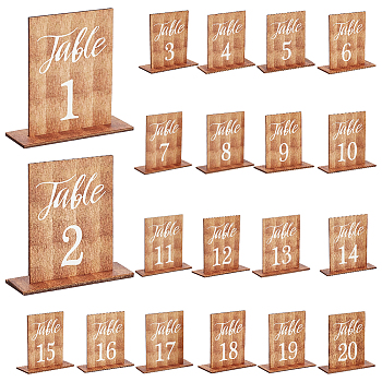 Rectangle Wooden Vertical Sign Holders, Single Sided Table Number 1~20 Stands for Wedding Party Supplies, Dark Goldenrod, Finish Product: 10x3.45x10cm