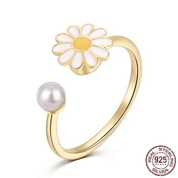 925 Sterling Silver Open Finger Rings, with Enamel & 925 Stamp for Women, Daisy Flower Anxiety Worry Fidget Spinner Ring, Real 18K Gold Plated, 1.6mm, US Size 7(17.3mm)