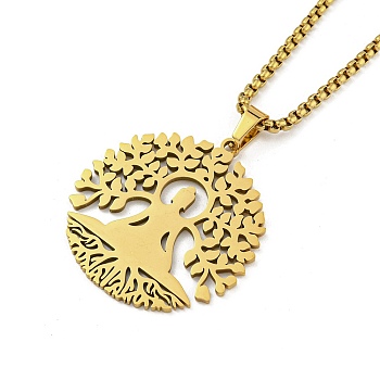 201 Stainless Steel Pendant Necklaces for Man, Tree with Flat Round with Tree of Life, Real 18K Gold Plated, 23.50 inch(59.7cm), Tree: 37x34x1.3mm