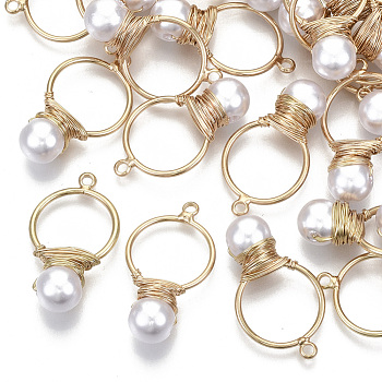 ABS Plastic Imitation Pearl Pendants, with Light Gold Plated Brass Wire, Creamy White, 26~28x15x8mm, Hole: 1.8mm