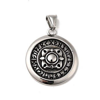 304 Stainless Steel Manual Polishing Pendants, Flat Round with Runes Charms, Antique Silver, 36x32x5.5mm, Hole: 4x8mm