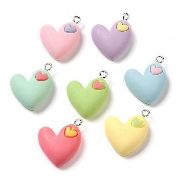 Opaque Resin Pendants, Heart Charms with Platinum Plated Iron Loops, Mixed Color, 24x19x8mm, Hole: 2mm