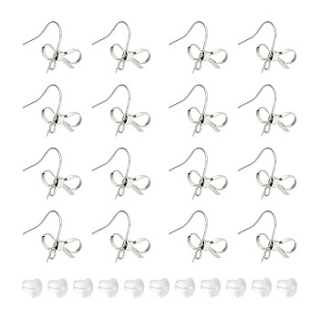 24Pcs Brass Earring Hooks, Bowknot Ear Wires with Loops, with 40pcs Plastic Ear Nuts, Platinum, 22 Gauge, 16x15mm, Hole: 2mm, Pin: 0.6mm