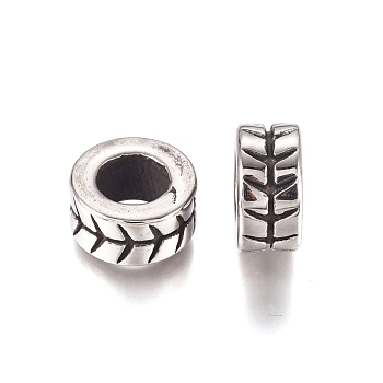 304 Stainless Steel European Beads, Large Hole Beads, Rondelle, Antique Silver, 10.5x5.2mm, Hole: 5.5mm