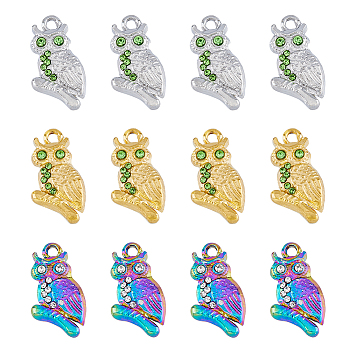 12Pcs 3 Colors 304 Stainless Steel Pendants, with Rhinestone, Owl, Mixed Color, 20x11x3mm, Hole: 1.6mm, 4pcs/color