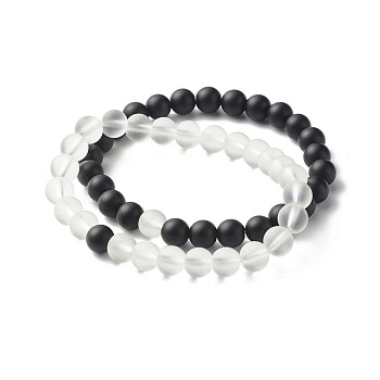 Synthetic Quartz Crystal Beads and Synthetic Black Stone Beads Stretch Bracelets Set for Girl Women Gift, Inner Diameter: 2-3/8 inch(6cm), 2pcs/set