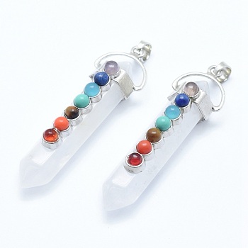 Chakra Jewelry, Natural Quartz Crystal Double Terminated Pointed Pendants, with Natural & Synthetic Mixed Stone Alloy Findings, Bullet, Platinum, 58~61x16.5~18x15.5~16mm, Hole: 4.5x7.5mm
