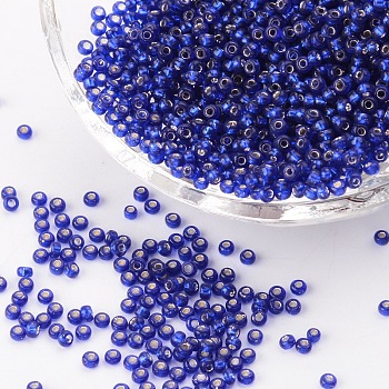 8/0 Grade A Round Glass Seed Beads, Silver Lined, Midnight Blue, 8/0, 3x2mm, Hole: 1mm, about 10000pcs/pound