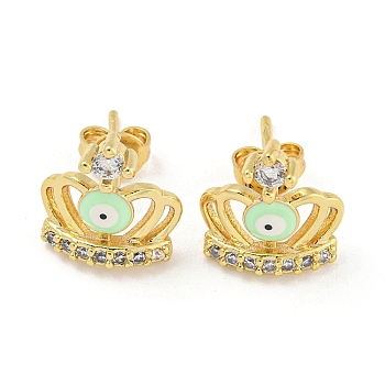 Crown with Evil Eye Real 18K Gold Plated Brass Stud Earrings, with Enamel and Clear Cubic Zirconia, Light Green, 12x11mm