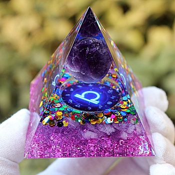 Orgonite Pyramid Resin Energy Generators, Reiki Natural Amethyst Chips Inside for Home Office Desk Decoration, Libra, 60x60x60mm