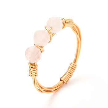 Copper Wire Wrapped Natural Rose Quartz Braided Bead Rings for Women, Real 18K Gold Plated, 2.5mm, Inner Diameter: 16mm