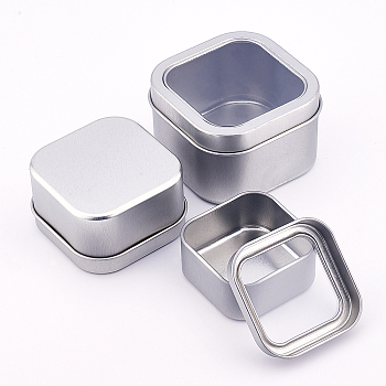 Tinplate Box, Storage Containers for Jewelry Beads, Candies, with Lid and Clear Window, Square, Platinum, 6~8x6~8x2.7~4.9cm, 3pcs/set, 4sets/bag