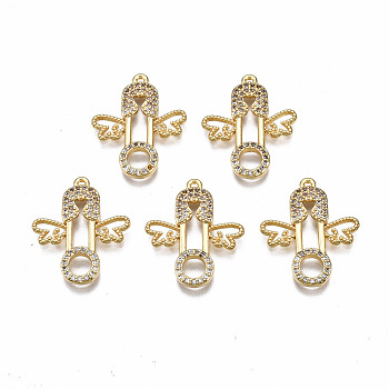 Brass Micro Pave Clear Cubic Zirconia Pendants, Nickel Free
Safety Pin with Wing, Real 18K Gold Plated, 22x18x2mm, Hole: 1mm