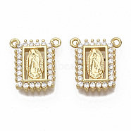Brass Micro Pave Cubic Zirconia Pendants, Nickel Free, Rectangle with Virgin Mary, Clear, Real 16K Gold Plated, 16x14.5x2.5mm, Hole: 1mm(ZIRC-T014-028-NF)