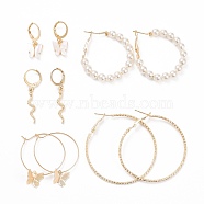 Ring & Butterfly & Snake Dangle Hoop Earrings, Imitation Pearl Beads Open Hoop Earrings for Women, Golden, 27~49.5x2~6mm, Pin: 0.8~1mm, 5 pairs/set(EJEW-D277-13G)