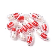 Translucent Plastic Pendants, Pill Capsule Charm, with Platinum Tone Iron Loops, Red, 29x10.5mm, Hole: 2mm(KY-L006-29A)