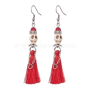 Synthetic Turquoise Skull Dangle Earrings, 316 Surgical Stainless Steel Tassel Earrings for Halloween, Red, 77~79mm, Pin: 0.7mm(EJEW-TA00235-01)