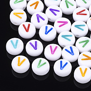 Initial Acrylic Beads, Horizontal Hole, Flat Round, Mixed Color, Letter.V, 7x3.5~4mm, Hole: 1.2mm, about 3700pcs/500g(OACR-E001-20V)